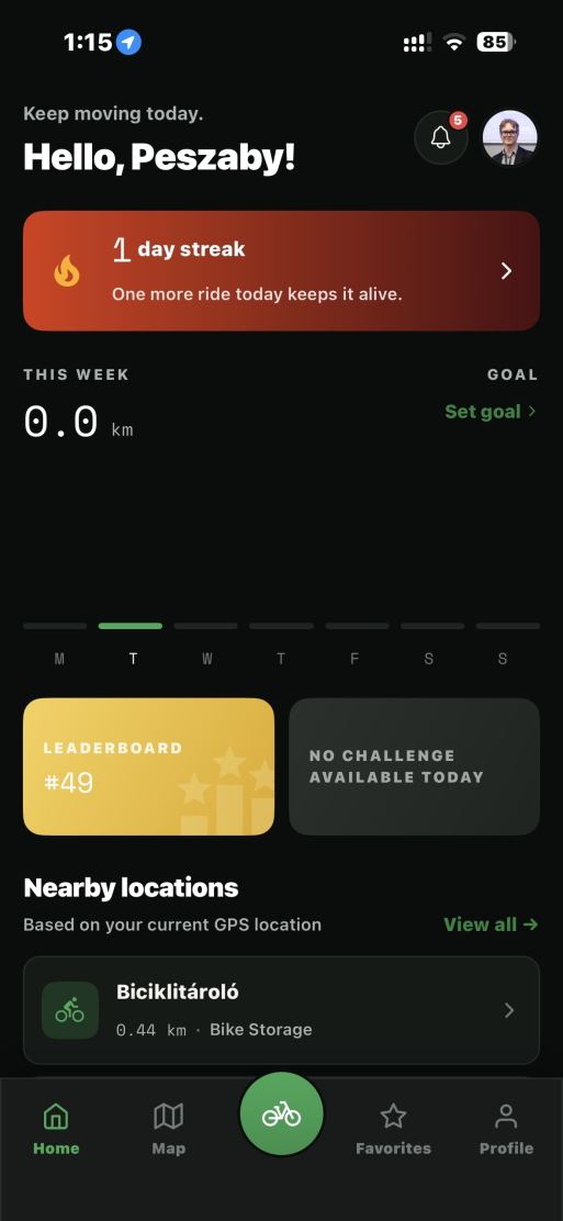 ParkSafe app — home screen